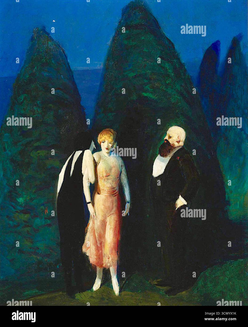 Guy pène du bois - Pouter Pigeon - 1922 - le terme « pigeon pouter », utilisé pour la première fois par Charles Darwin pour décrire une race de pigeon avec une récolte gonflée, a été plus tard adopté par Virginia Woolf pour satirer certaines femmes de la société dans son roman The voyage Out. L'artiste Guy pène du bois a également utilisé le terme pour son tableau Pouter Pigeon de 1922, représentant un homme et deux femmes dans un jardin, caractéristique de son commentaire social sur la société urbaine. Banque D'Images