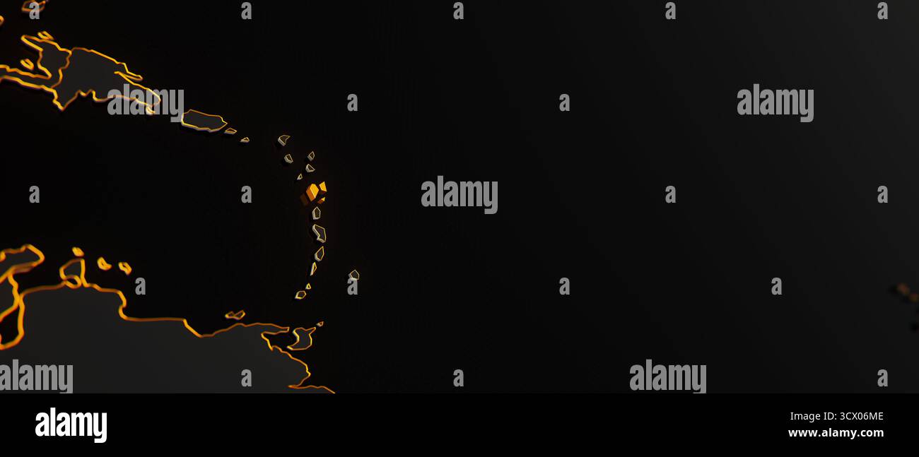 Carte dorée Guadeloupe 3d entourée d'autres pays en noir avec des bordures dorées et dof peu profond. Carte politique avec frontières Banque D'Images