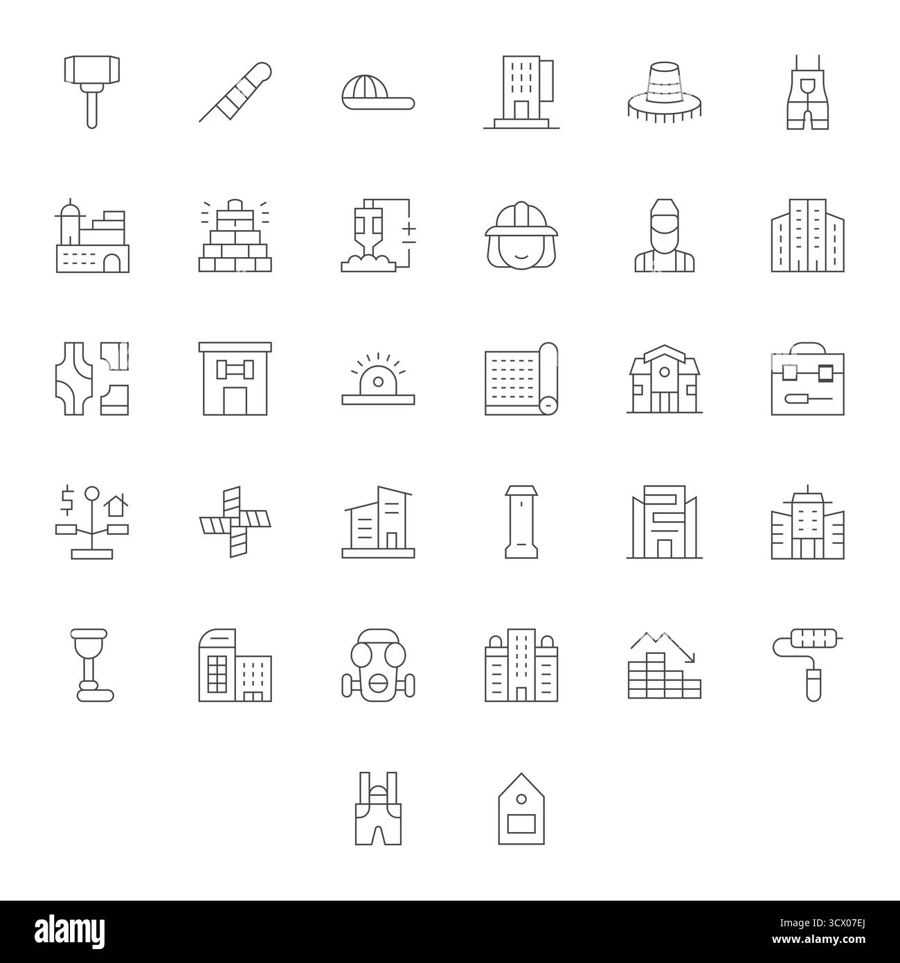 Découvrez un ensemble de 32 icônes Thin Line conçues pour le thème de la construction, idéales pour les projets UI/UX modernes. Illustration de Vecteur