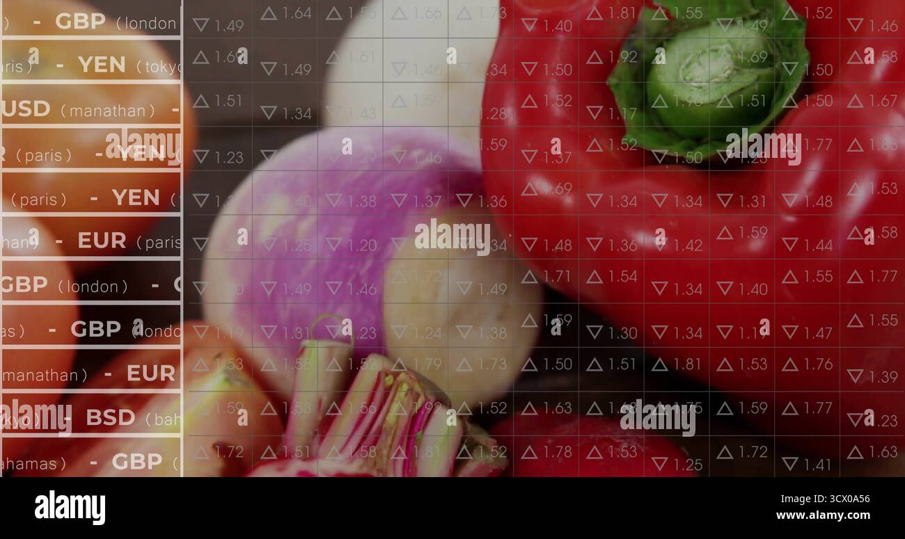 Poivron rouge assis dans le studio, oignon violet et grille montrant les codes de devise et les flèches, espace de copie Banque D'Images