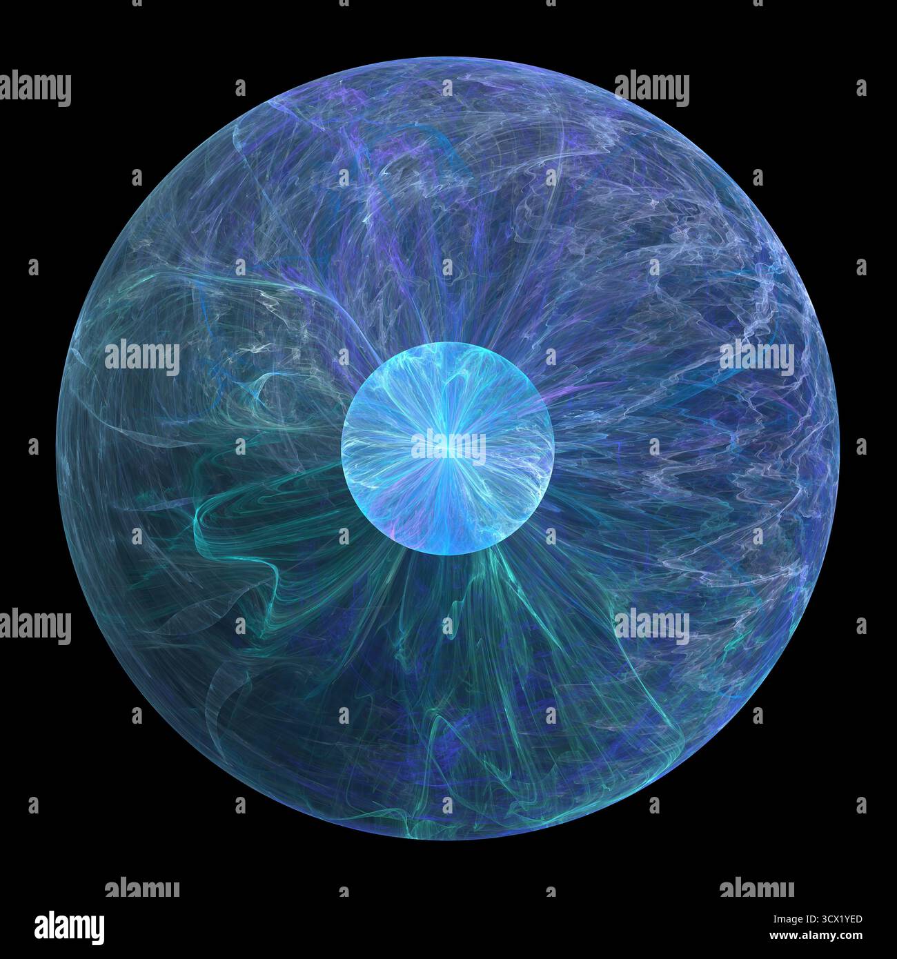 sphère abstraite colorée avec des tourbillons bleus et violets vifs rayonnant à partir d'un centre lumineux. Cette conception crée un effet visuel captivant contre Banque D'Images