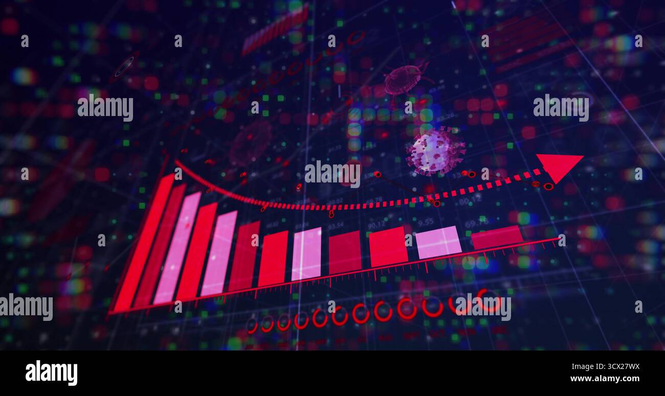 Affichage d'un graphique à barres holographique et d'une courbe de tendance rouge pointillée s'élevant sur une grille sombre, avec des modèles de virus Banque D'Images