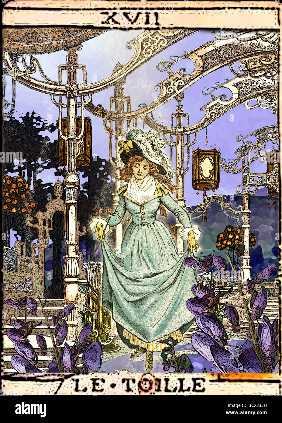 Collage numérique surréaliste inspiré de la carte Star Tarot, mettant en scène une femme dansante sous des arches au crépuscule, dans un jardin vintage mystique. Banque D'Images