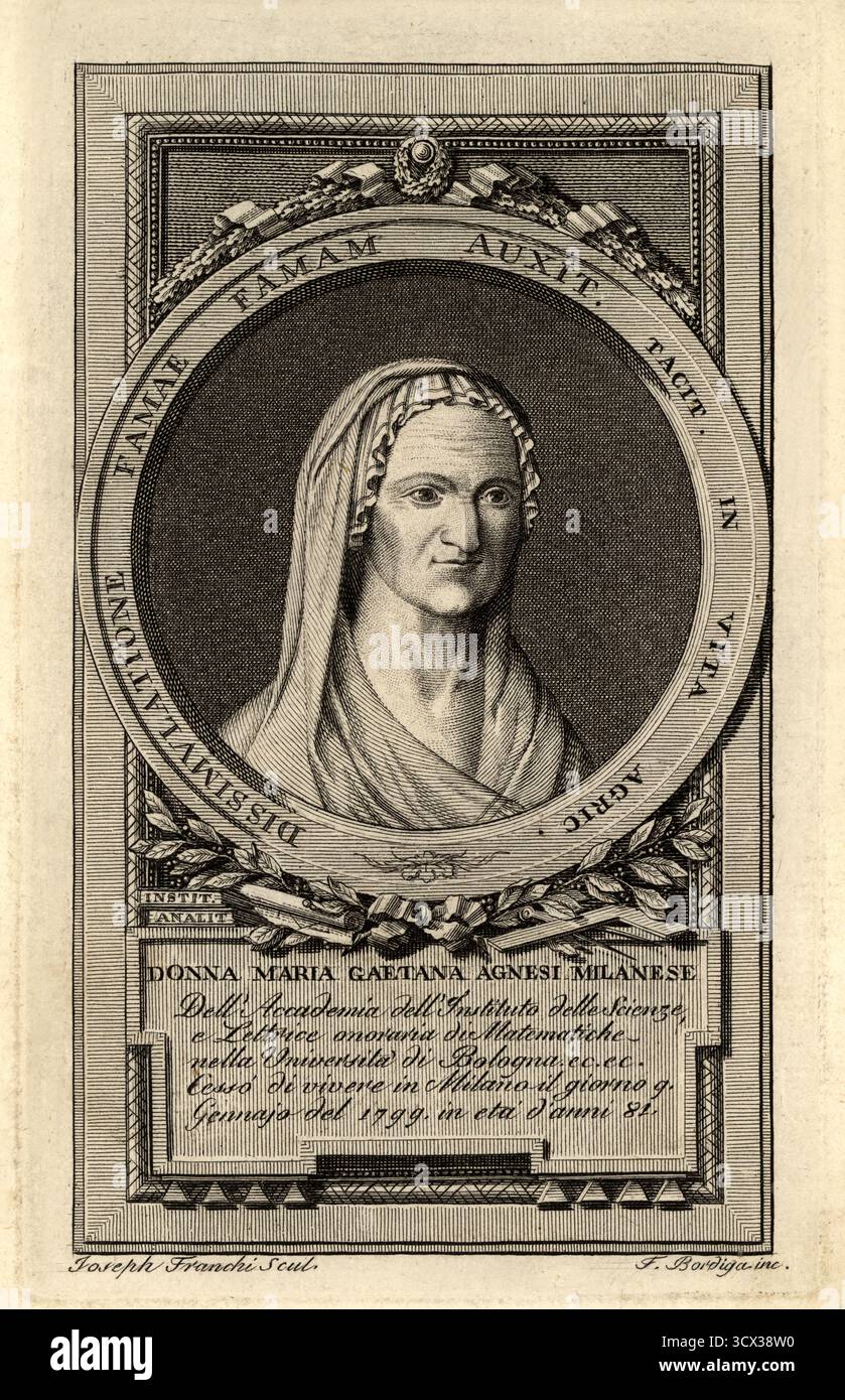 1749, Milan , ITALIE : MARIA GAETANA AGNESI ( 1718 - 1799 ) était une mathématicienne et philosophe italienne . Portrait dessiné par Giuseppe franchi et gravé par F. Bordiga , pour la couverture du volume biographique 'ELOGIO STORICO di DONNA MARIA GAETANA AGNESI Milanese dell'Accademia dell'Istituto delle Scienze (...) nella Università di Bologna', avec introduction par Antonio Francesco canonico Teologo FRISI , pubblished in Milan 1749 par l'imprimeur et bibliothécaire Giuseppe Galeazzi . - Foto storiche - foto storica - scienziato - scientifique - GEOMETRIA - MATHÉMATIQUE - DONNA MATEMATICA - Banque D'Images