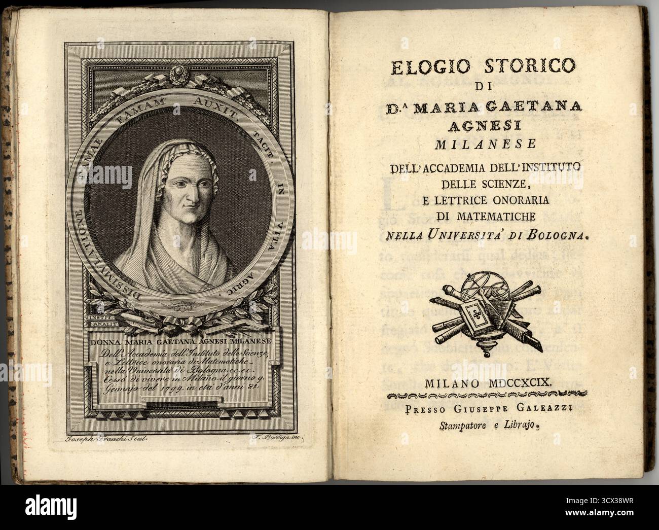 1749, Milan , ITALIE : MARIA GAETANA AGNESI ( 1718 - 1799 ) était une mathématicienne et philosophe italienne . Portrait dessiné par Giuseppe franchi et gravé par F. Bordiga , pour la couverture du volume biographique 'ELOGIO STORICO di DONNA MARIA GAETANA AGNESI Milanese dell'Accademia dell'Istituto delle Scienze (...) nella Università di Bologna', avec introduction par Antonio Francesco canonico Teologo FRISI , pubblished in Milan 1749 par l'imprimeur et bibliothécaire Giuseppe Galeazzi . - Foto storiche - foto storica - scienziato - scientifique - GEOMETRIA - MATHÉMATIQUE - DONNA MATEMATICA - Banque D'Images
