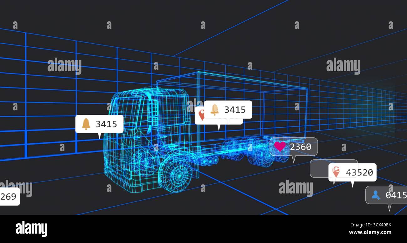 Rendu néon-bleu Wireframe box truck tournant dans un studio de grille 3D sombre, avec des bulles d'interface utilisateur flottantes Banque D'Images