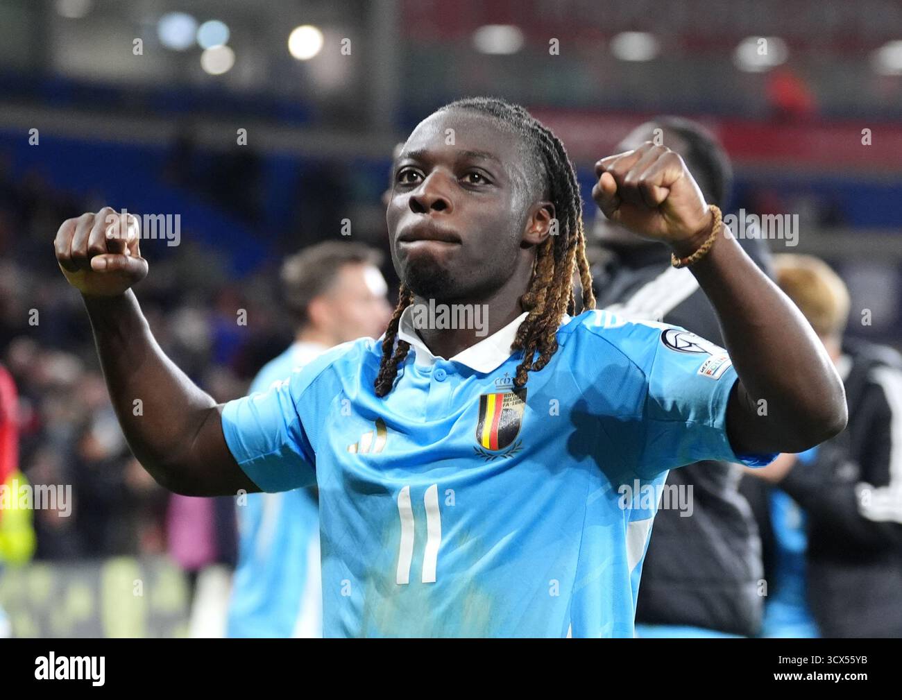 Le belge Jeremy Doku célèbre le match de qualification européen de la Coupe du monde de la FIFA au stade de Cardiff City. Date de la photo : lundi 13 octobre 2025. Banque D'Images