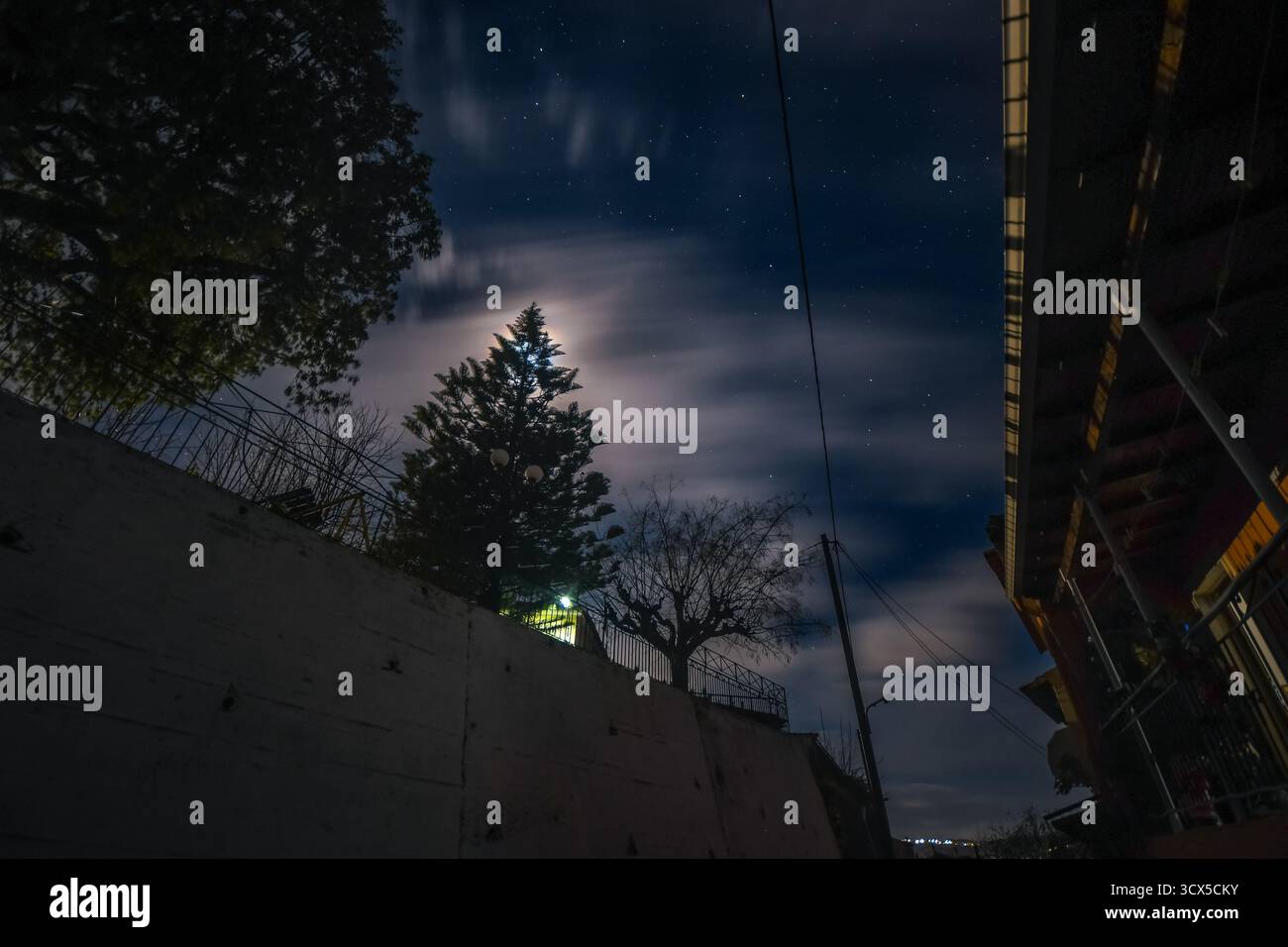 Une lune brillante émerge de derrière des nuages sombres et dramatiques, éclairant en contre-jour un grand arbre contre un ciel nocturne rempli d'étoiles. Une casquette de scène puissante et mystérieuse Banque D'Images