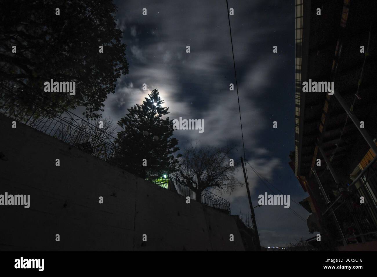 Ciel nocturne spectaculaire avec une pleine lune cachée derrière un grand pin, créant un effet de halo céleste. Nuages et étoiles mouvants peignent une humeur, mystériiou Banque D'Images