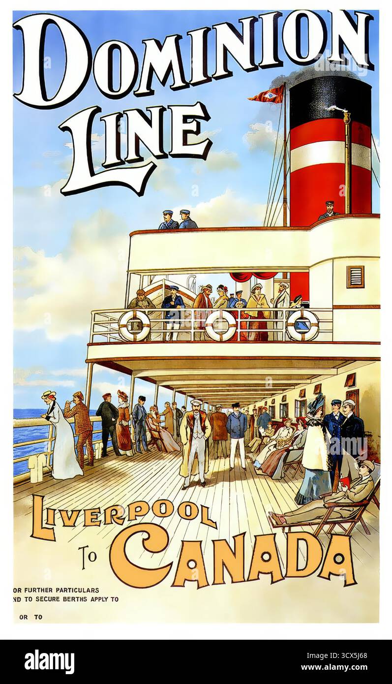 Une superbe affiche de voyage vintage de 1900 pour la traversée transatlantique de la Dominion Line vers le Canada depuis Liverpool Banque D'Images