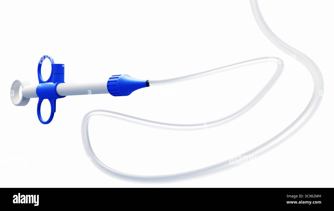 Illustration 3D d'un Colonoscope utilisé en colonoscopie, avec une poignée reliée à un long tube transparent et flexible. avec fond noir. Banque D'Images
