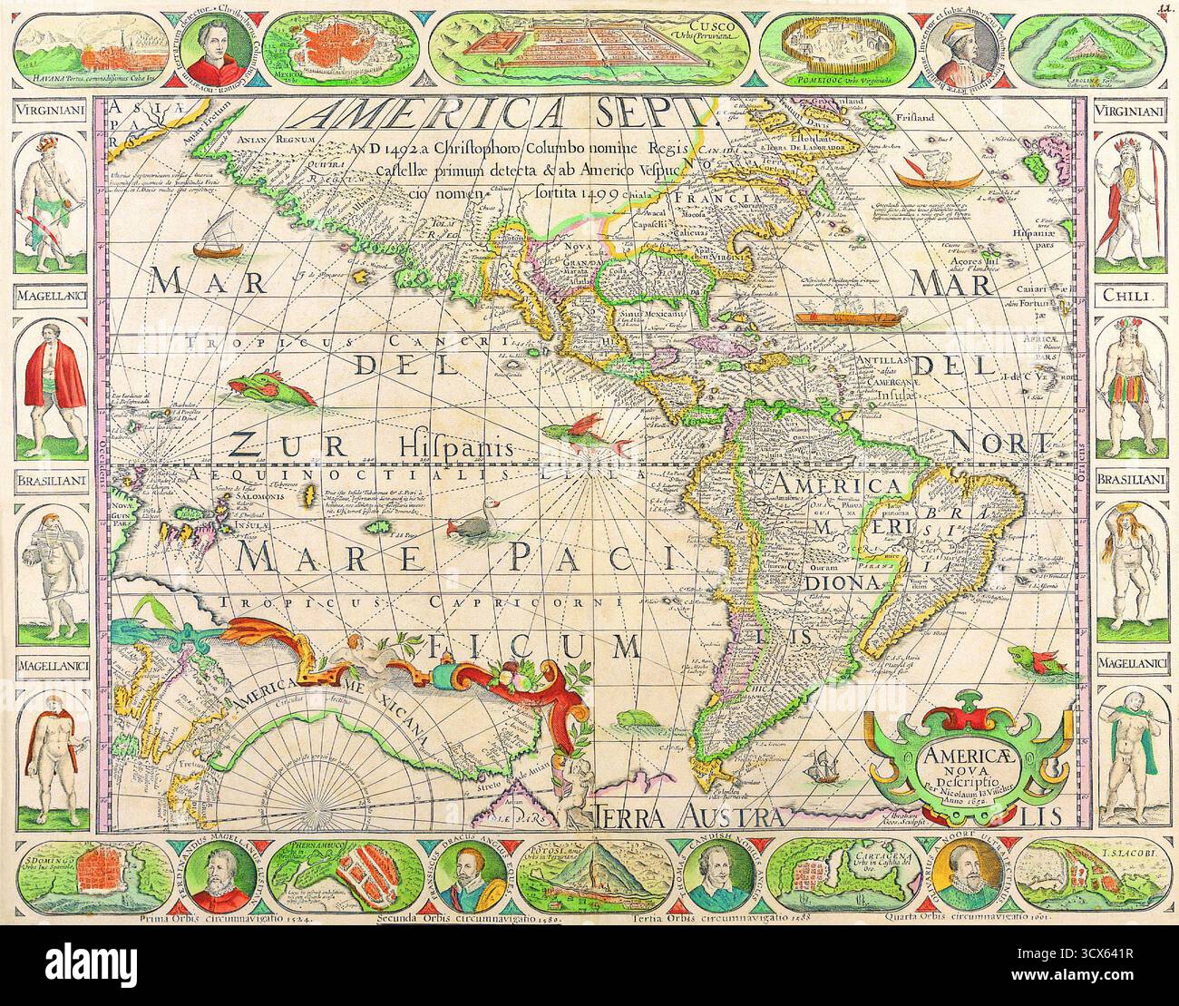 Carte antique colorée du XVIe siècle illustrant l'Amérique du Nord et du Sud, Mare Pacificum et Mare Del Nort, avec des bordures décoratives et complexes Banque D'Images