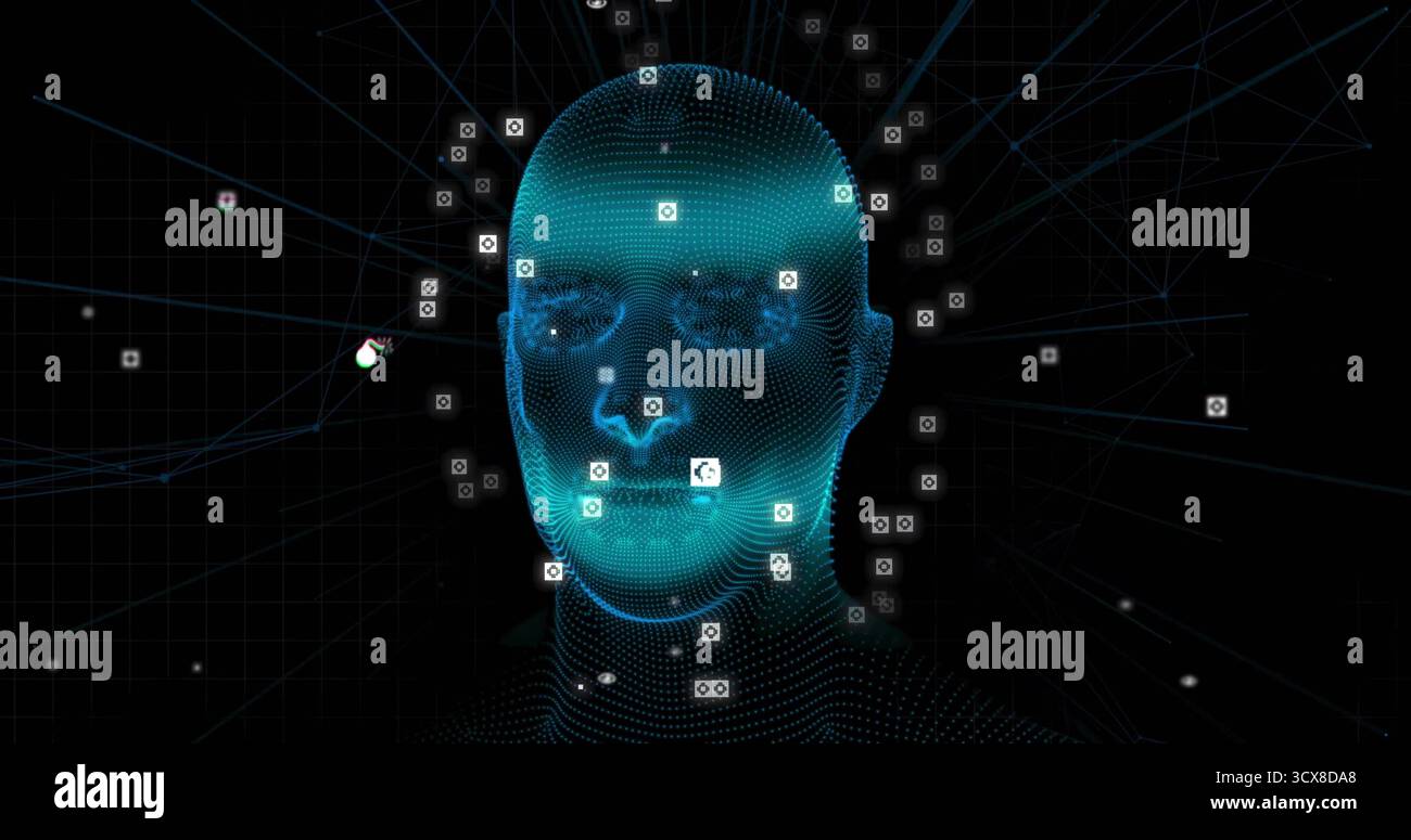 Affichage 3D filaire de la tête rayonnant des données dans le cyberespace, avec des carrés d'icônes de caméra, des lignes lumineuses Banque D'Images