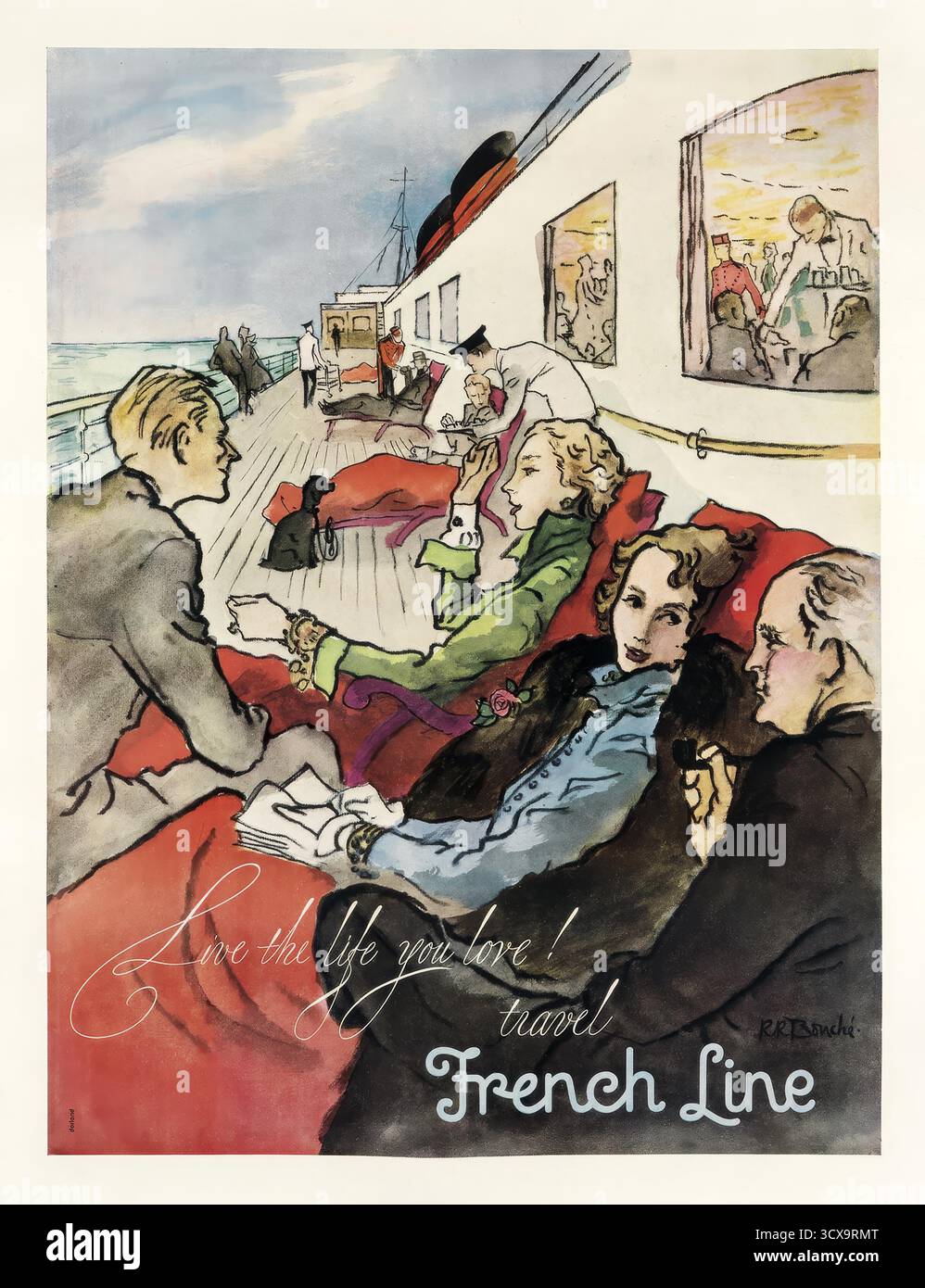 Une superbe affiche de voyage vintage de 1957 pour la traversée transatlantique de luxe sur la ligne française Banque D'Images