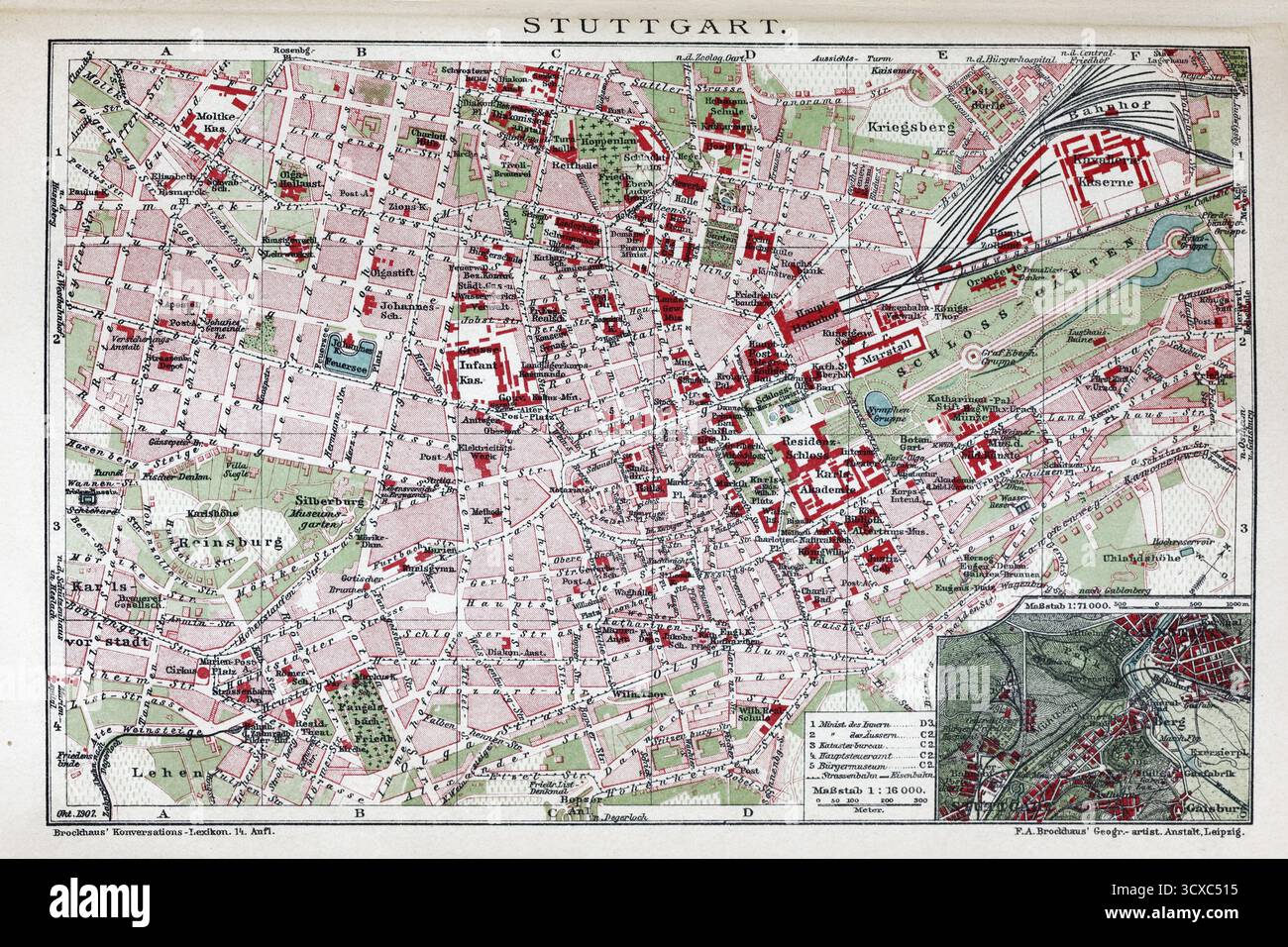 Stuttgat, plan historique de la ville de 1907 Banque D'Images