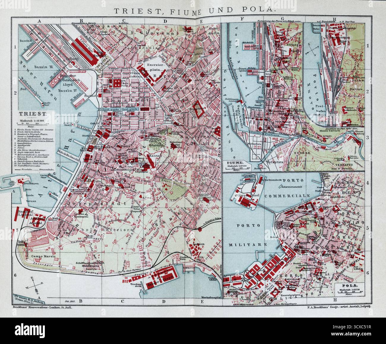 Trieste, Fiume et Pola, carte historique de la ville de 1907 Banque D'Images