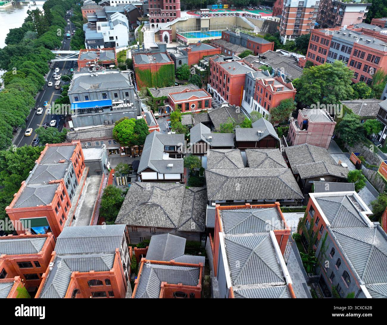 Photographie aérienne de l'île de Zhongzhou dans le district commercial de la montagne de Yantai, ville de Fuzhou, province de Fujian Banque D'Images