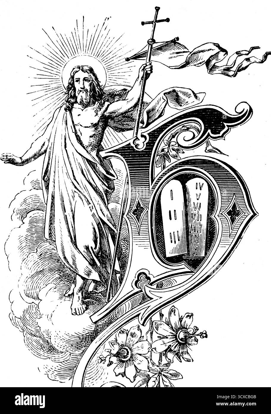 Jésus Christ avec la croix et le halo, tablettes de Moïse des dix commandements, agitant le drapeau, ornement floral, ancien Testament, Bible, illustrat historique Banque D'Images