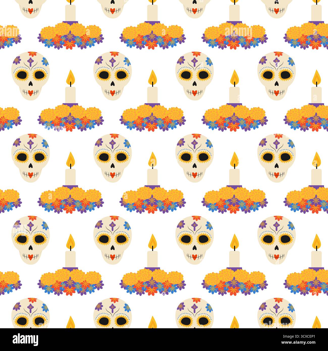 Autel de fleurs avec bougie brûlante et Sugar Skull Seamless Pattern Day of the Dead en toile de fond festive. Illustration vectorielle isolée vacances mexicaines voeux cartes thématiques fond affiche bannière étiquette Illustration de Vecteur