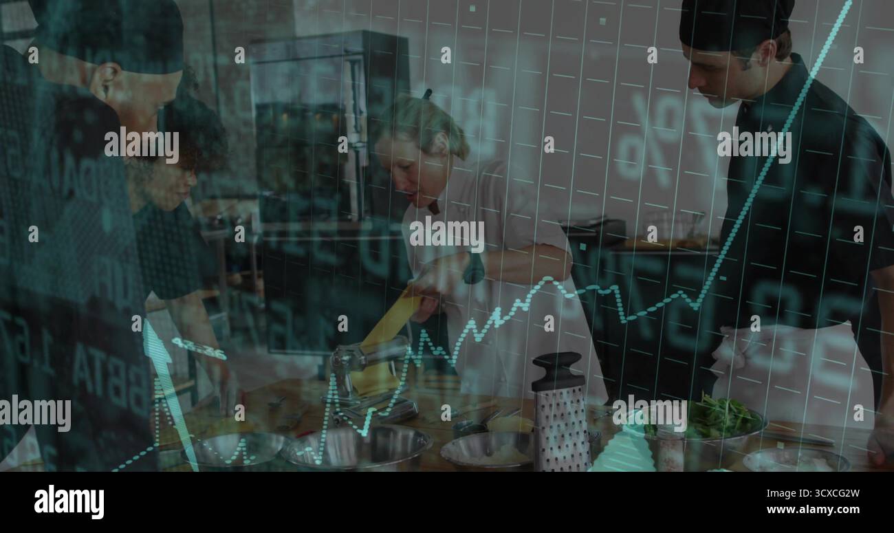 Cuisiniers collaborant dans des vestes tranchant le fromage, manipulant les herbes dans la cuisine, avec superposition de graphique de stock Banque D'Images