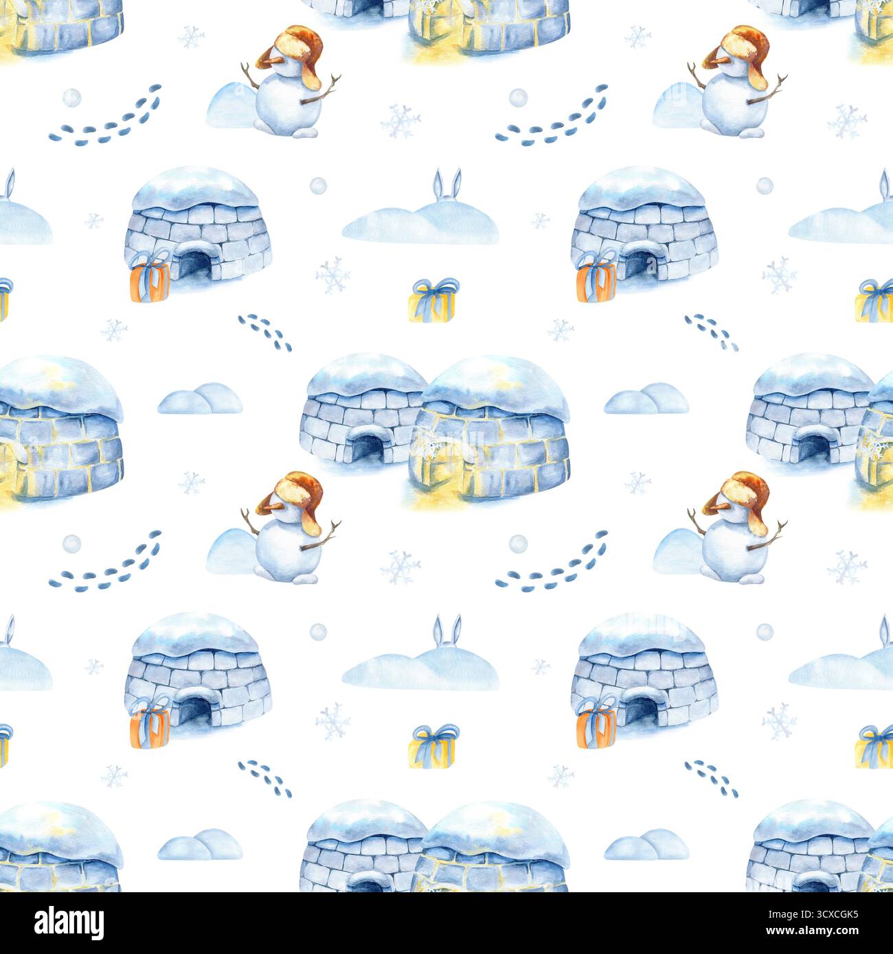 Motif sans couture de Noël, igloo Inuit, bonhomme de neige, paysage hivernal de vacances isolé du fond. Illustration d'enfants d'aquarelle, paysage Banque D'Images
