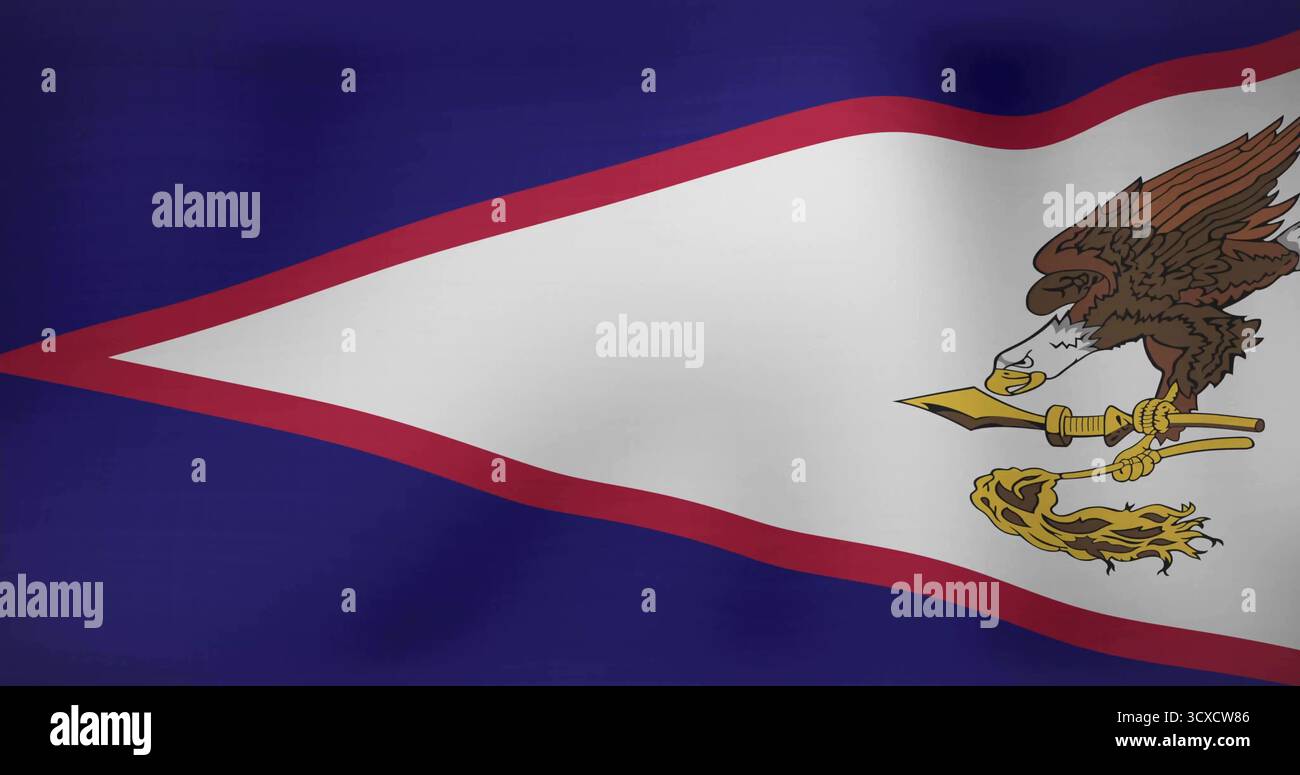 Drapeau stylisé des Samoa américaines agitant en toile de fond, aigle agrippant un club de guerre et un fouet à mouche Banque D'Images
