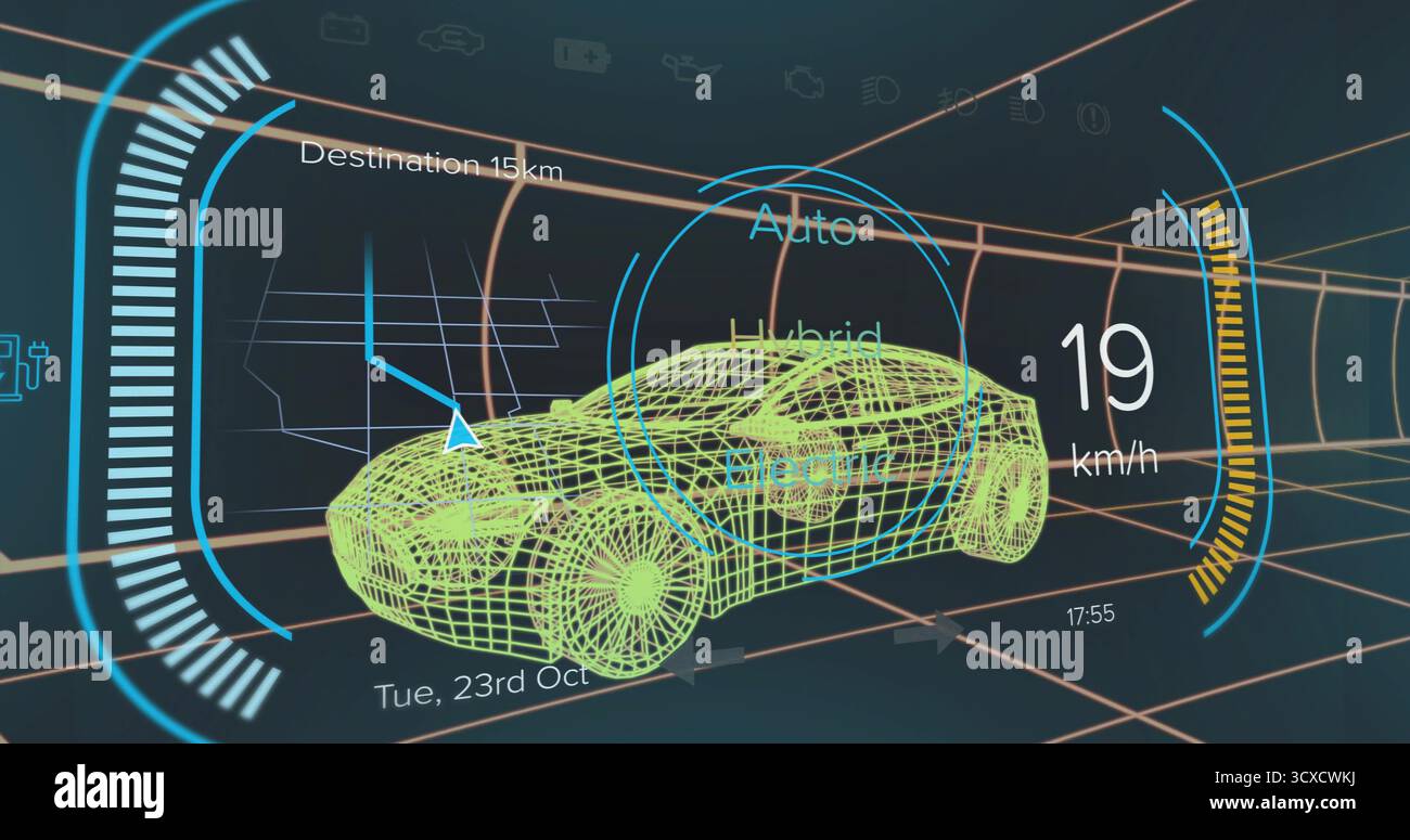 Modèle de voiture filaire mobile glissant à travers le tunnel virtuel de grille, avec indicateur de vitesse et flèche de navigation Banque D'Images