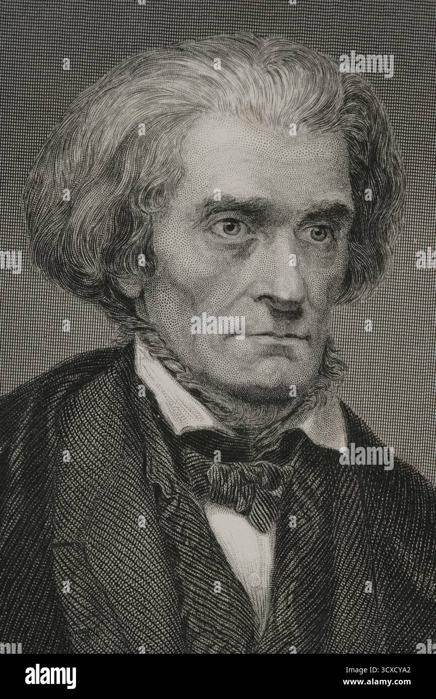 John C. Calhoun (John Caldwell Calhoun) (1782-1850). Homme d'État américain et théoricien politique. 7e vice-président des États-Unis (1825-1832). 16e secrétaire d'État des États-Unis (1844-1845). Sénateur américain de Caroline du Sud (1845-1850). Portrait. Gravure de W. Joseph Edwards (fl. 1840-1863) d'après un daguerrotype de Mathew Brady (1822-1896), vers 1856. Détail. Histoire des États-Unis, par J. A. Spencer. Volume III Edition publié à Barcelone, 1873. Banque D'Images