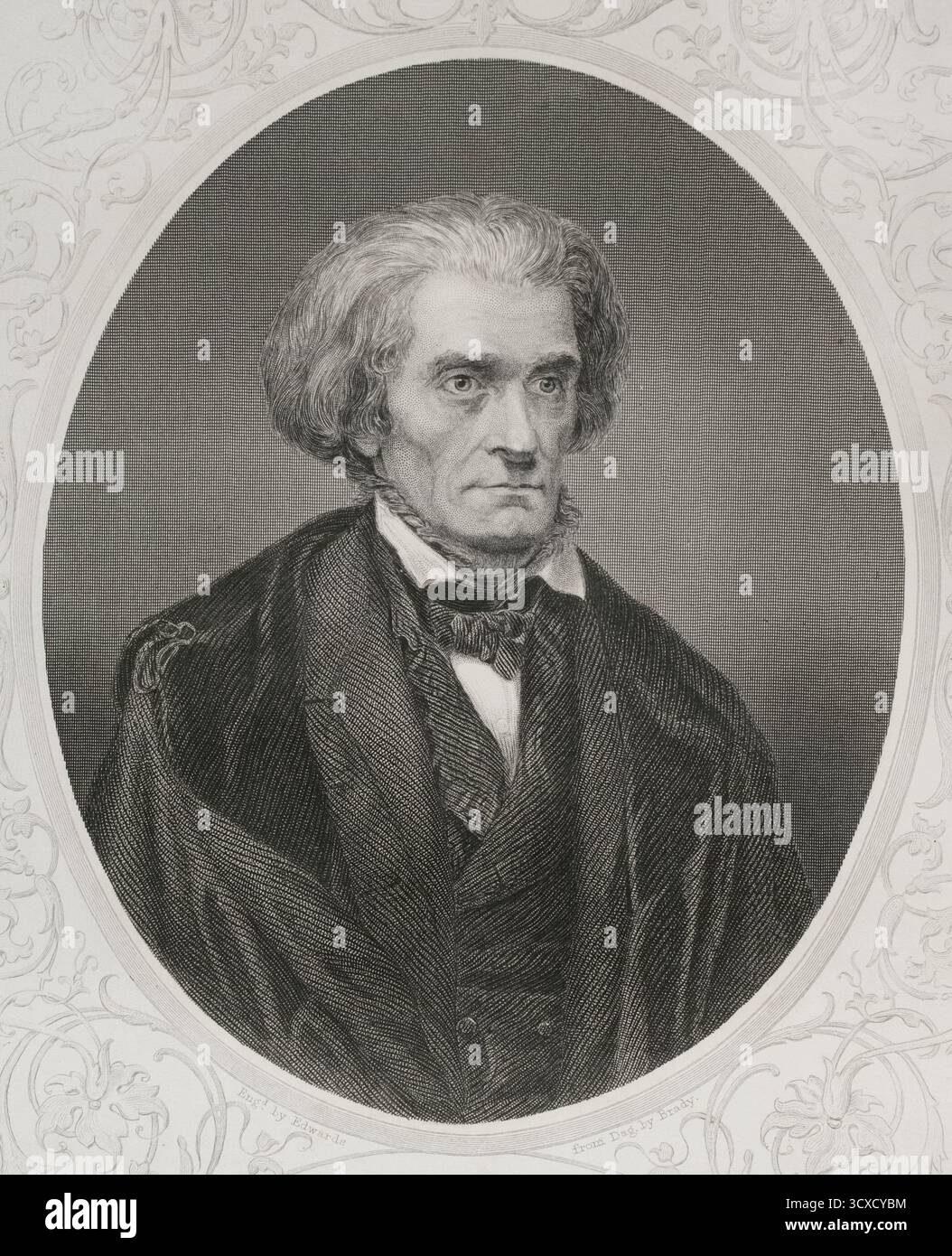 John C. Calhoun (John Caldwell Calhoun) (1782-1850). Homme d'État américain et théoricien politique. 7e vice-président des États-Unis (1825-1832). 16e secrétaire d'État des États-Unis (1844-1845). Sénateur américain de Caroline du Sud (1845-1850). Portrait. Gravure de W. Joseph Edwards (fl. 1840-1863) d'après un daguerrotype de Mathew Brady (1822-1896), vers 1856. Histoire des États-Unis, par J. A. Spencer. Volume III Edition publié à Barcelone, 1873. Banque D'Images