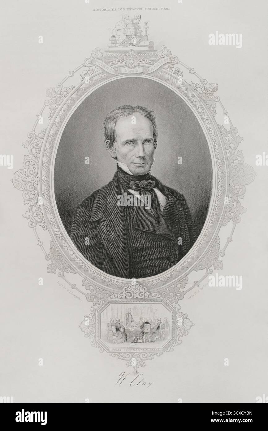 Henry Clay (1777-1852) Avocat et homme d'État américain qui a représenté le Kentucky au Sénat américain (1849-1852) et à la Chambre des représentants des États-Unis (1815-1821). Il a été le 7e président de la Chambre des représentants (1823-1825) et le 9e secrétaire d'État (1825-1829). Clay était l'un des plus fervents défenseurs de la guerre entre les États-Unis et la Grande-Bretagne. Après la défaite, il aide à négocier le traité de Gand, qui met fin à la guerre de 1812. Portrait. La vignette représente les négociations de paix à Gand (signées le 24 décembre 1814). Gravure de W. Joseph Edwards (fl. 184 Banque D'Images