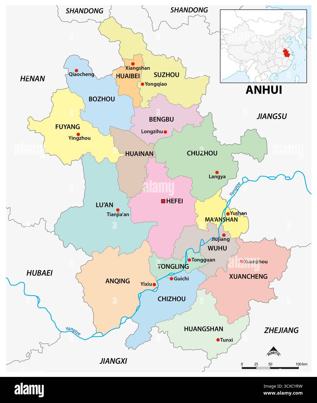 Carte administrative de la province chinoise d'Anhui Banque D'Images Carte administrative de la province chinoise d'Anhui Banque D'Images