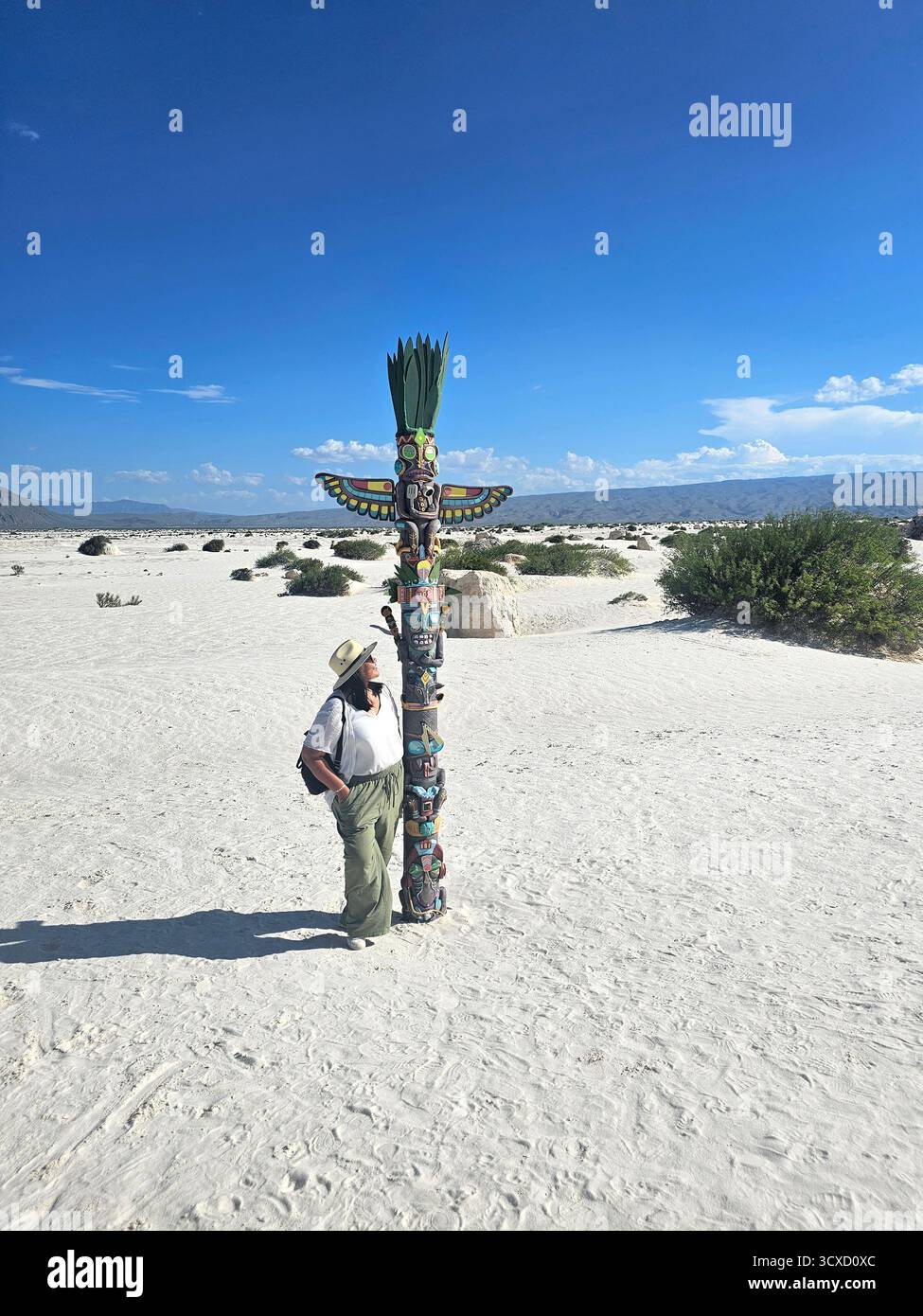Brunette Latina femme adulte marche à travers les dunes de gypse au milieu du désert blanc profitant de la liberté et de la plénitude de sentir la nature Banque D'Images