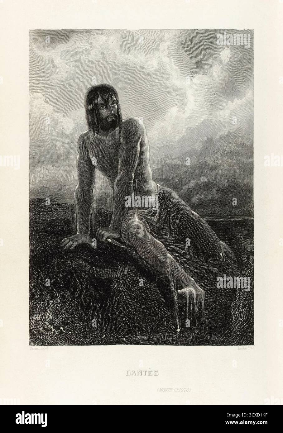 « Dantès (Monte Cristo) » de l’artiste français Paul Gavarni (1804-1866) montrant Edmond Dantès émergeant de la mer après son évasion dramatique du Château d’If. Photographie d'une illustration originale de livre tirée d'une première édition de 1846 de "le Comte de Monte-Cristo" par Alexandre Dumas (1802-1870). Crédit : Collection privée / AF Fotografie Banque D'Images