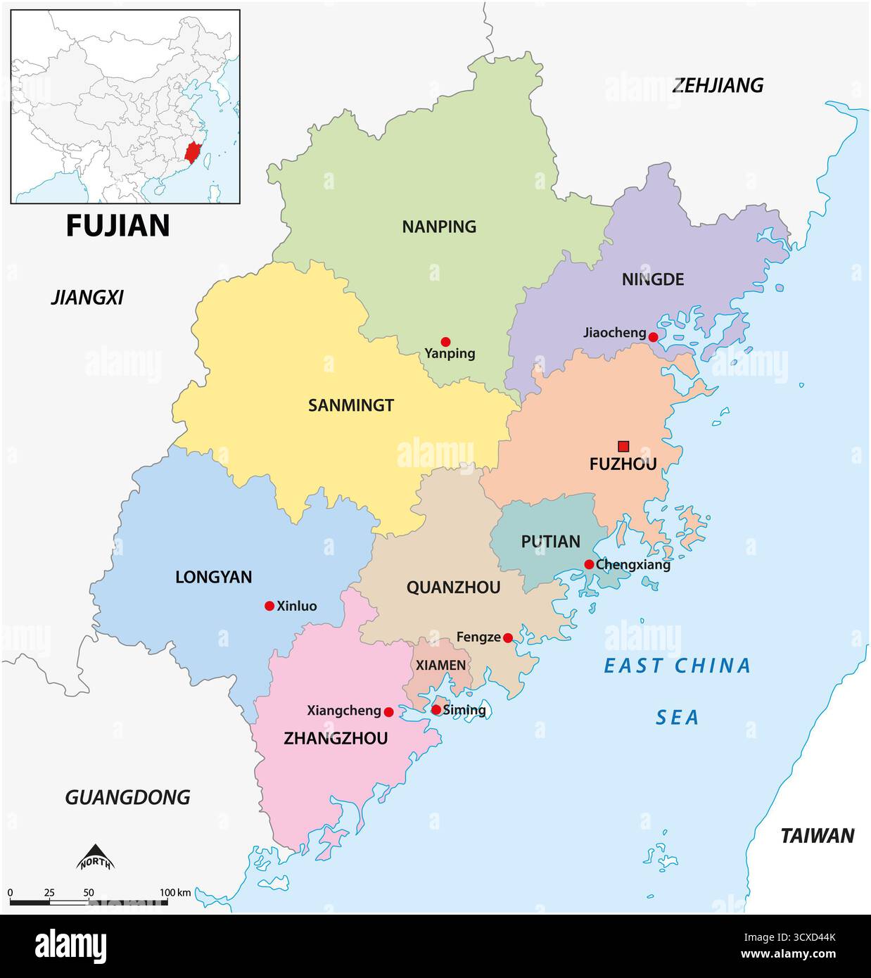 Carte administrative de la province chinoise du Fujian Banque D'Images Carte administrative de la province chinoise du Fujian Banque D'Images
