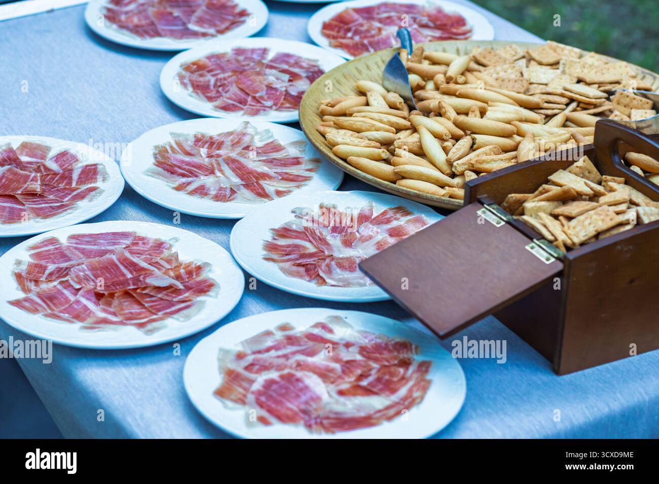 Tranches de jambon séché avec des gressins croustillants et des craquelins disposés sur une table, offrant un délicieux apéritif à tartiner pour une réunion sociale Banque D'Images