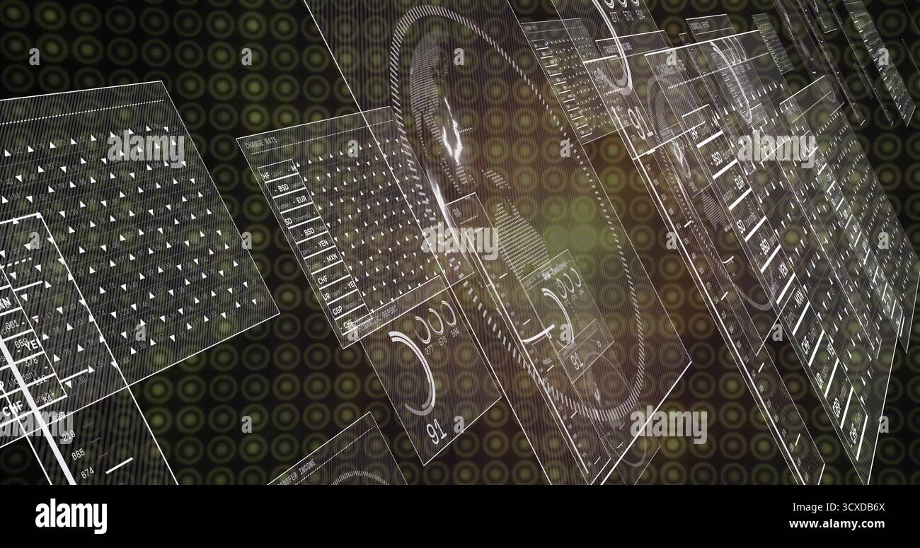 Affichage des panneaux d'interface utilisateur flottants dans l'espace 3D, avec des données tabulaires, des jauges, des curseurs et des traces de circuit Banque D'Images