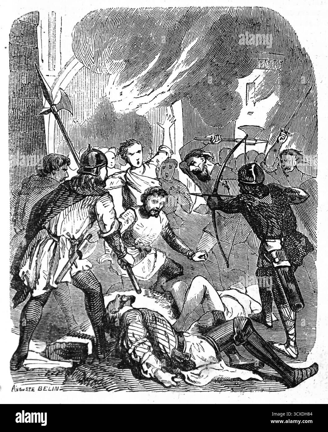 Guerre de cent ans (1337-1453). Paris. Assaut de la prison par des miliciens soutenant le duc de Bourgogne (Bourguignons) pour tuer les partisans du duc d'Orléans (Orléanistes). Gravure, XIXe siècle. Banque D'Images