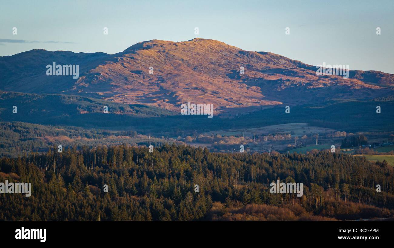Vue aérienne de la forêt et des collines dans la lumière hivernale prolongée, avec Cairnsmore of Fleet au loin, Galloway, Dumfries et Galloway, Écosse, Royaume-Uni Banque D'Images