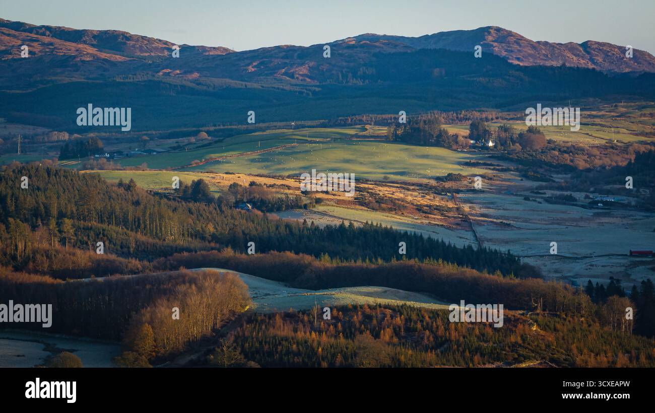 Vue aérienne de la forêt et des collines dans la lumière hivernale prolongée, avec Cairnsmore of Fleet au loin, Galloway, Dumfries et Galloway, Écosse, Royaume-Uni Banque D'Images