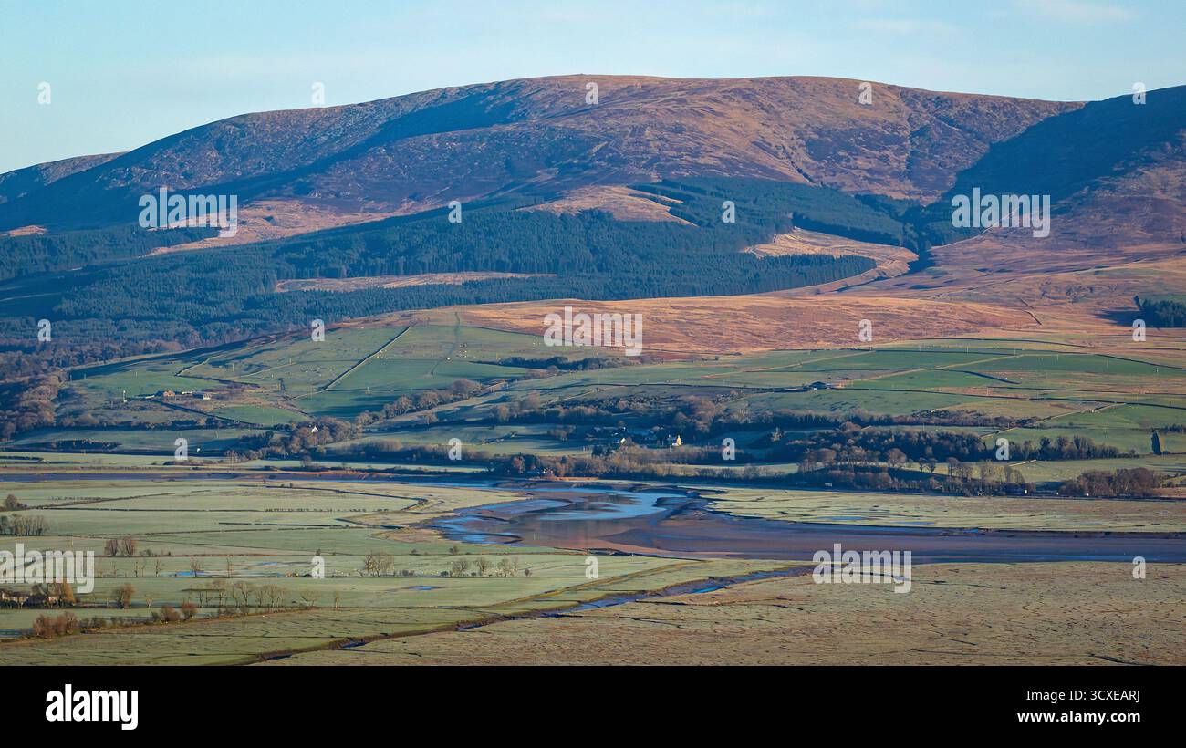 Vue aérienne de la forêt et des collines dans la lumière hivernale prolongée, avec Cairnsmore of Fleet au loin, Galloway, Dumfries et Galloway, Écosse, Royaume-Uni Banque D'Images