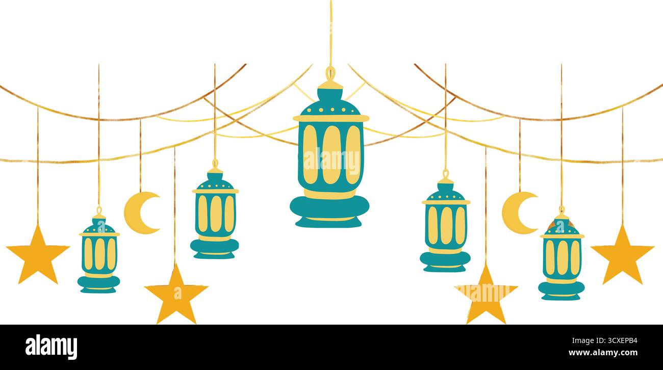 Célébrez l'Aïd avec des lanternes suspendues vibrantes en forme d'étoile et de croissant de lune créant une atmosphère joyeuse parfaite pour les rassemblements festifs du ramadan occasionnels Illustration de Vecteur