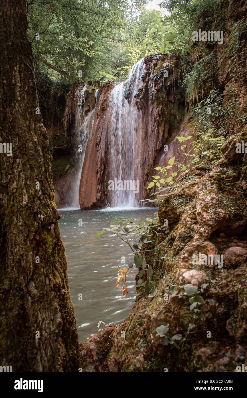 Une cascade au milieu d'une forêt, en cascade dans un petit lac peu profond, entouré de rochers couverts de lierre et d'une végétation luxuriante. Banque D'Images
