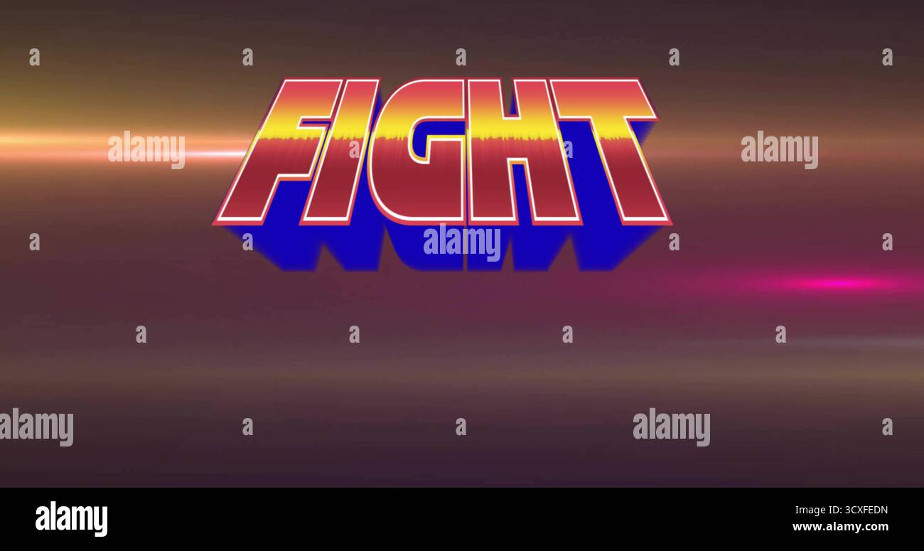 Texte 3D audacieux flottant sur fond dégradé marron à magenta, avec effet rétro Banque D'Images