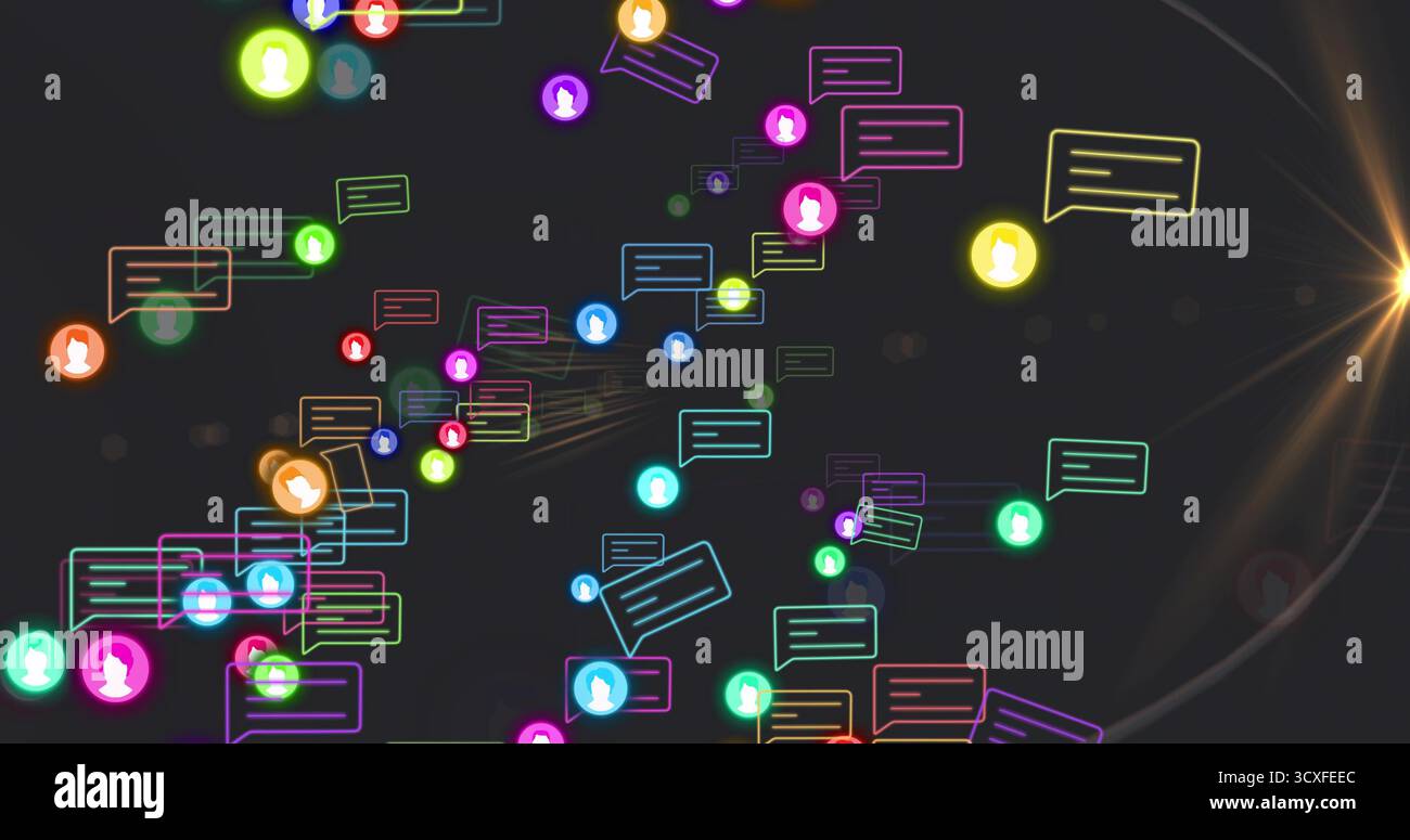 Bulles de chat colorées flottantes et icônes d'avatar dérivant à travers le réseau, avec des lignes et des reflets d'objectif Banque D'Images
