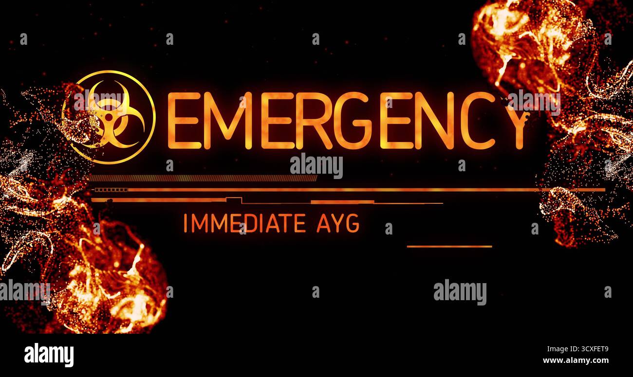 Affichage du symbole de danger biologique, de l'AYG D'URGENCE et IMMÉDIATE sur l'interface d'alerte entre les sphères tourbillonnantes Banque D'Images