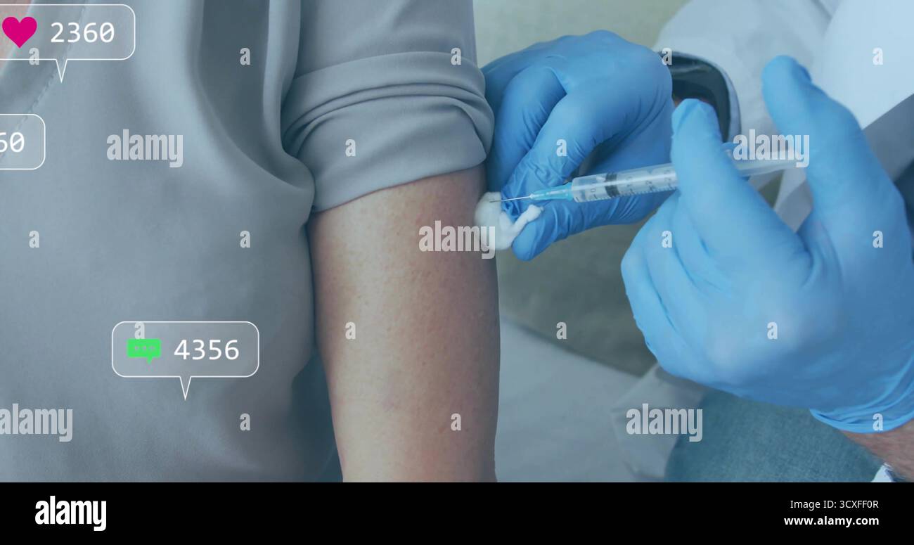 Clinicien injectant un patient mature dans le bras supérieur en clinique, avec seringue et icônes de réaction Banque D'Images