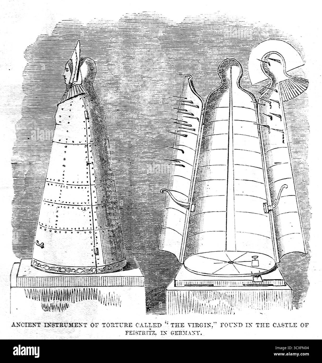Ancien instrument de torture, appelé la vierge. Trouvé dans le château de Feistritz, Autriche, alors partie de la Confédération allemande. Illustration de 1860. Banque D'Images