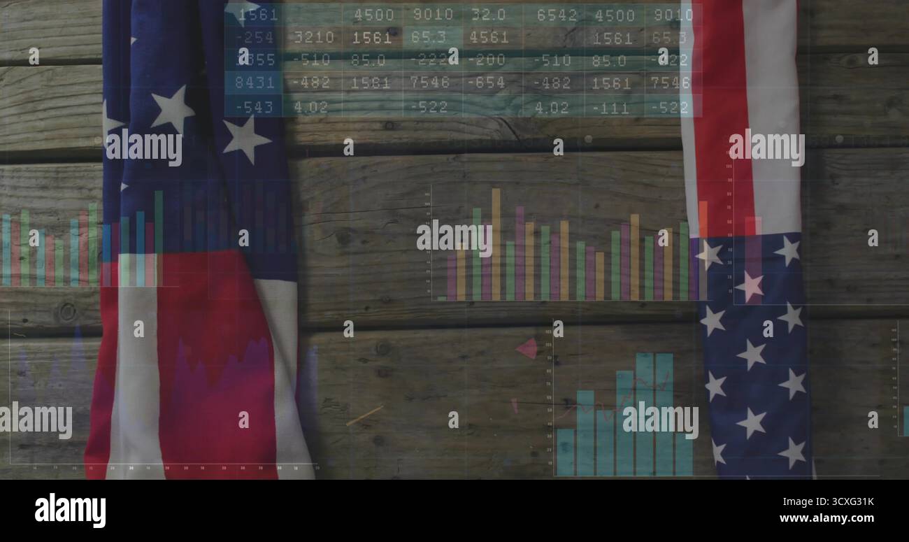 Affichage des sections de drapeau américain drapé sur des planches de bois, superposition des tables de données et des graphiques à barres Banque D'Images