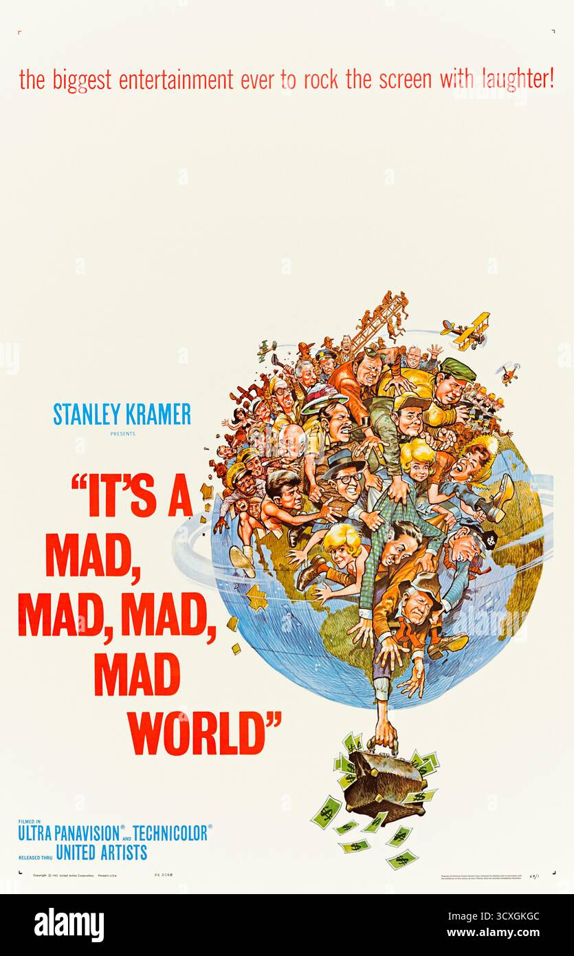 C'est un monde fou, fou, fou, fou (1963) réalisé par Stanley Kramer et mettant en vedette Spencer Tracy, Milton Berle et Sid Caesar. Un groupe d'étrangers court à travers la Californie dans une quête sauvage de trésor enterré après la confession d'un mourant a déclenché le chaos. Photographie d'une affiche originale américaine d'une feuille de 1963 présentant des œuvres d'art de Jack Davis À USAGE ÉDITORIAL EXCLUSIF. Crédit : BFA / United Artists Banque D'Images