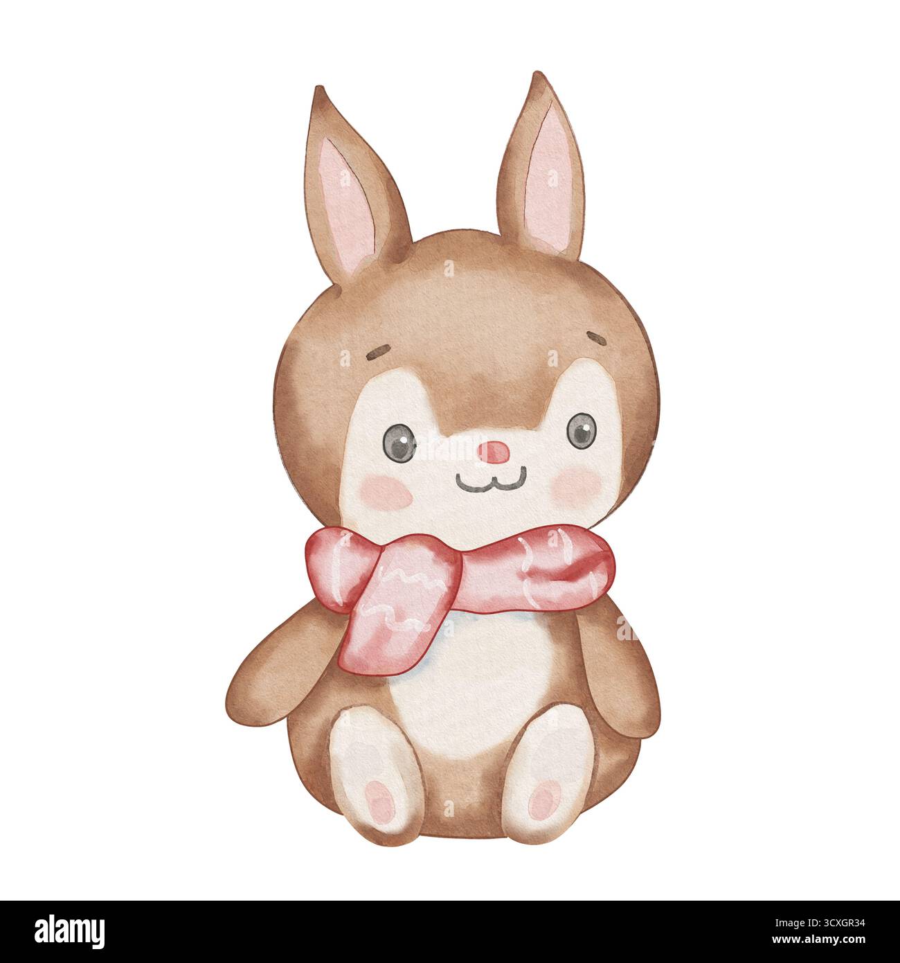 Joli lapin aquarelle brun assis avec une écharpe rouge. Illustration hivernale confortable pour les enfants, isolé sur fond blanc. Parfait pour le décor de pépinière, les affiches et les conceptions de vacances Banque D'Images